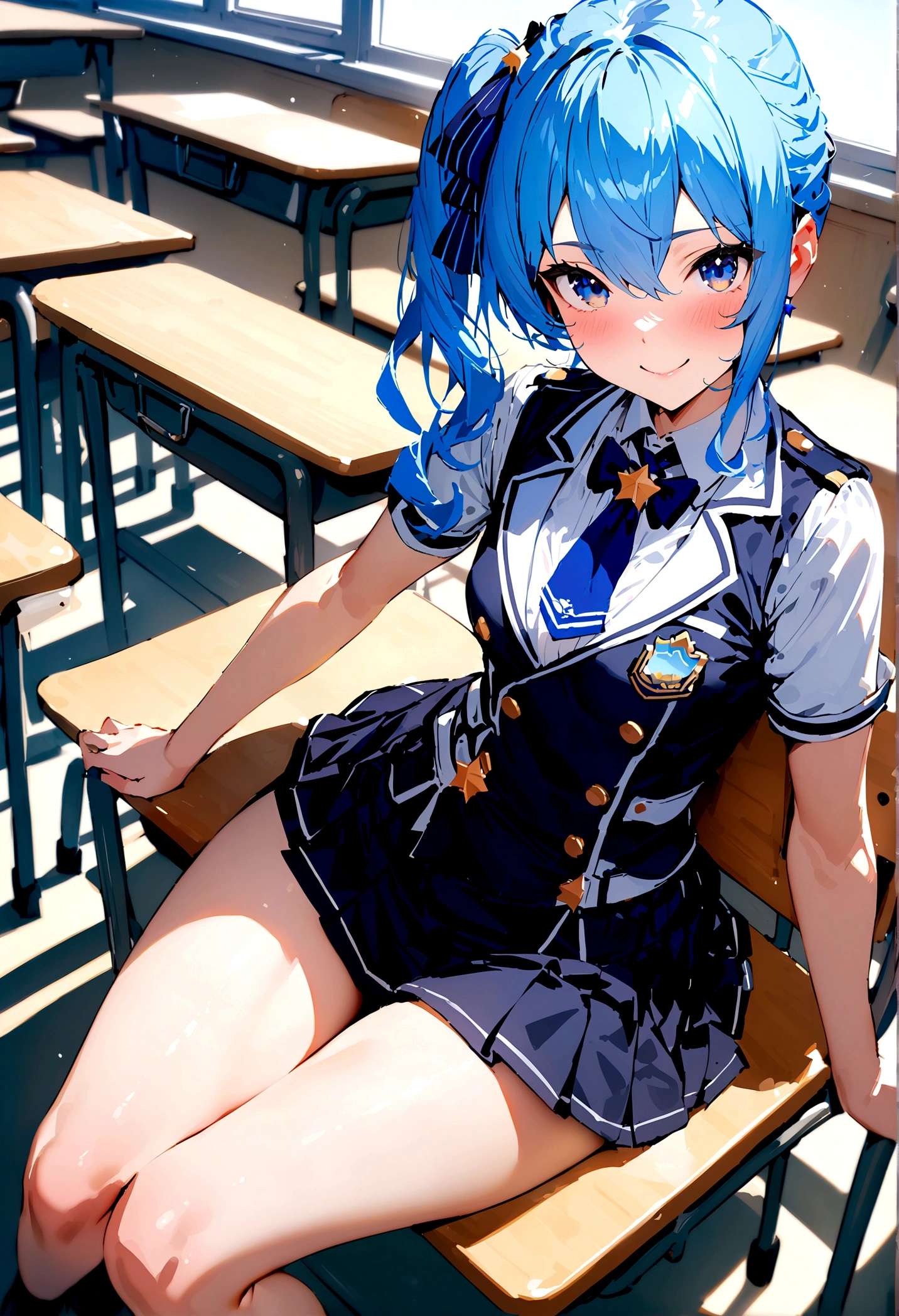 NSFW,masterpiece,Highest quality,High resolution,Super detailed,Star Town Suisei\(Hololive\),Blue Hair,One Side Ponytail,Blue Eyes,uniform,shirt,ribbon,mini skirt,Small breasts,School,classroom,smile,Sitting in a chair