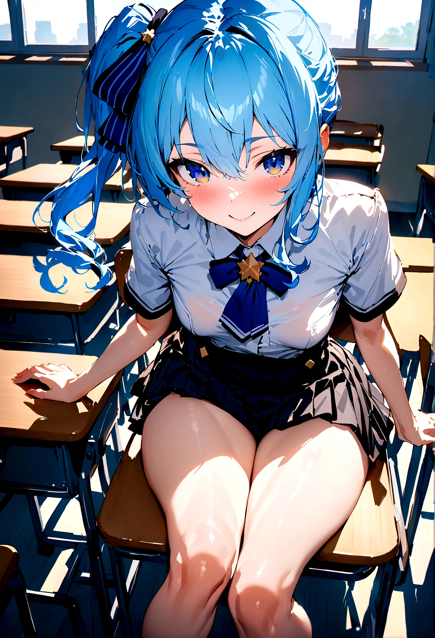 NSFW,masterpiece,Highest quality,High resolution,Super detailed,Star Town Suisei\(Hololive\),Blue Hair,One Side Ponytail,Blue Eyes,uniform,shirt,ribbon,mini skirt,Small breasts,School,classroom,smile,Sitting in a chair