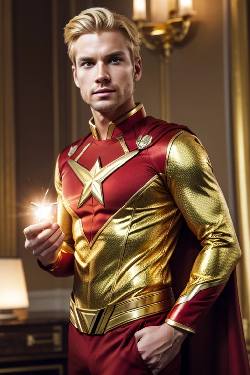 Caucasian man, blond, wearing gold and red superhero uniform, carries a golden lighter in his hand.