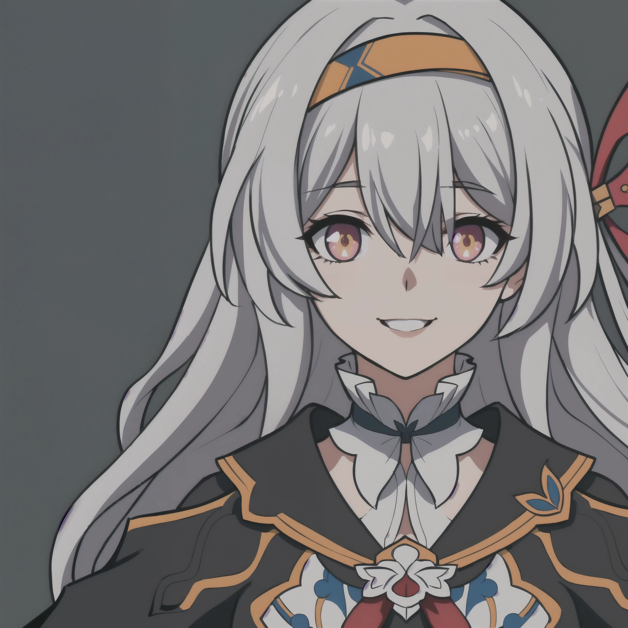 anime girl, smiling, grey hair, firefly, star rail, honkai star rail, dark brown clothes, 1girl, masterpiece, (beautiful and aesthetic:1. 5), thick black lineart, clean lineart, perfect lineart, variable lineart, thick lineart, clean anime outlines, intense line art, bold lineart, sharp lineart, heavy lineart, line art, best quality, high quality, high details, super detail, best quality, ultra-detailed, colourful, saturated colours, dynamic lighting, HD,