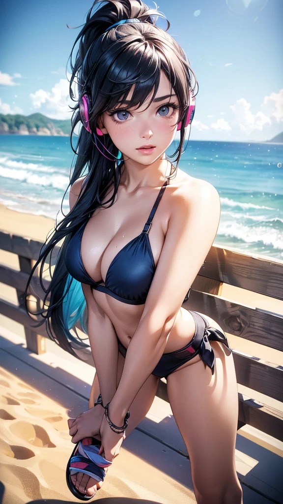 (best quality,4k,8k,highres,masterpiece:1.2),ultra-detailed,(realistic,photorealistic,photo-realistic:1.37),HDR,UHD,studio lighting,ultra-fine painting,sharp focus,physically-based rendering,extreme detail description,professional,vivid colors,bokeh,portraits,anime,photography,pink tones,warm sunlight lighting 1girl, solo, detailed eyes, detailed lips, extremely detailed eyes and face, long eyelashes, long dark blue hair in a ponytail with side bangs, headphones, two piece  rainbow  and sandals, beach party background

