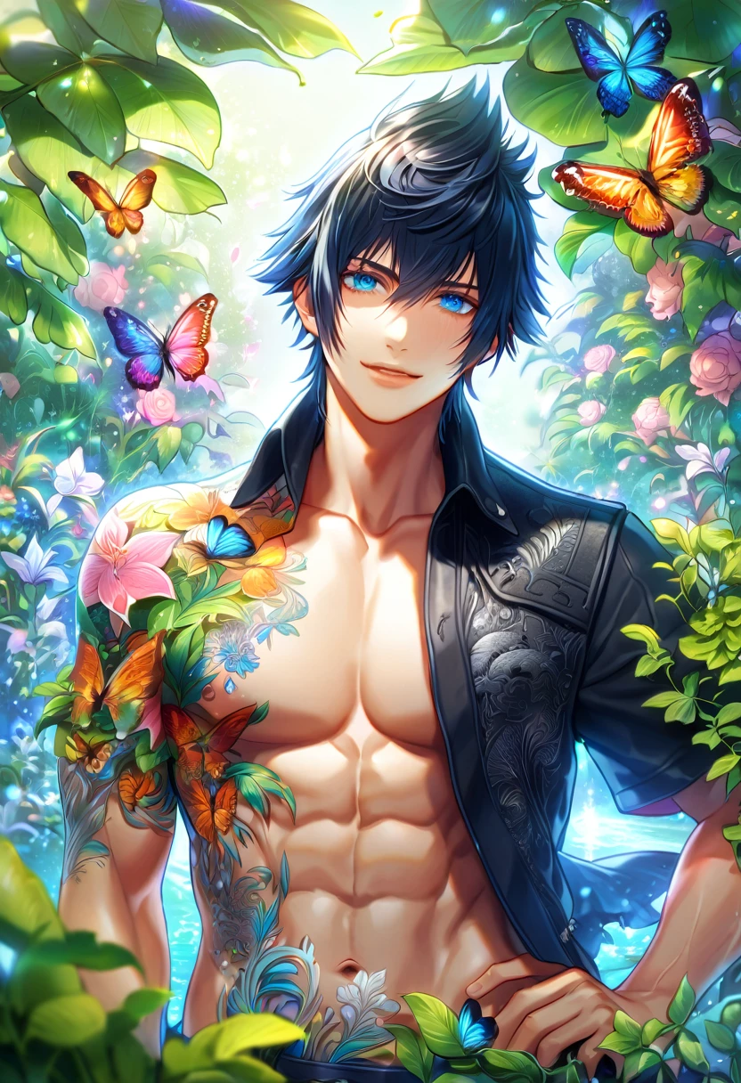 absurdres, highres, ultra detailed, HDR, master piece, best quality, extremely detailed face, delicated features, Noctis Lucis Caelum, black hair, expressive blue eyes, Final Fantasy XV, solo, y man, handsome, handsome smile, bare chest, toned chest, without shirt, fantasy, magical, butlies, summer, green leaves, flowers, water