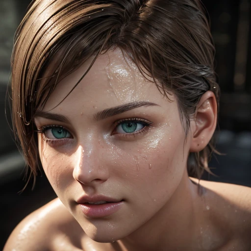 face, close-up. short, brown hair, green eyes, Wet, open mouth, sex with drool  years. ((elegance. Photorealism. Unreal engine. 3D model. Ultra high quality textures. high detail. Resolution 8K))