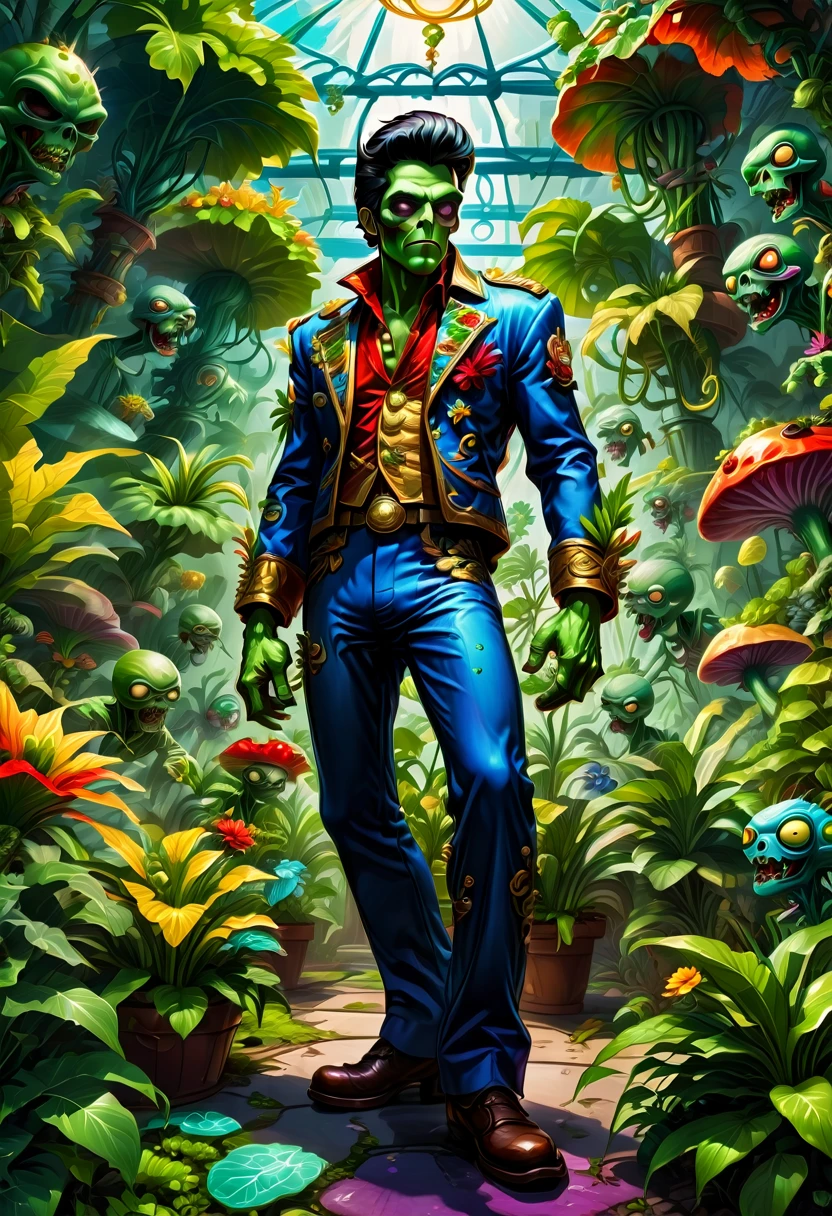 a Zombie dressed like Elvis Presley, hair, electric guitar, disco, game "Plants vs. Zombies", full body, cinematic still, cinemascope, best quality, masterpiece, very aesthetic, perfect composition, intricate details, ultra-detailed, vivid colors