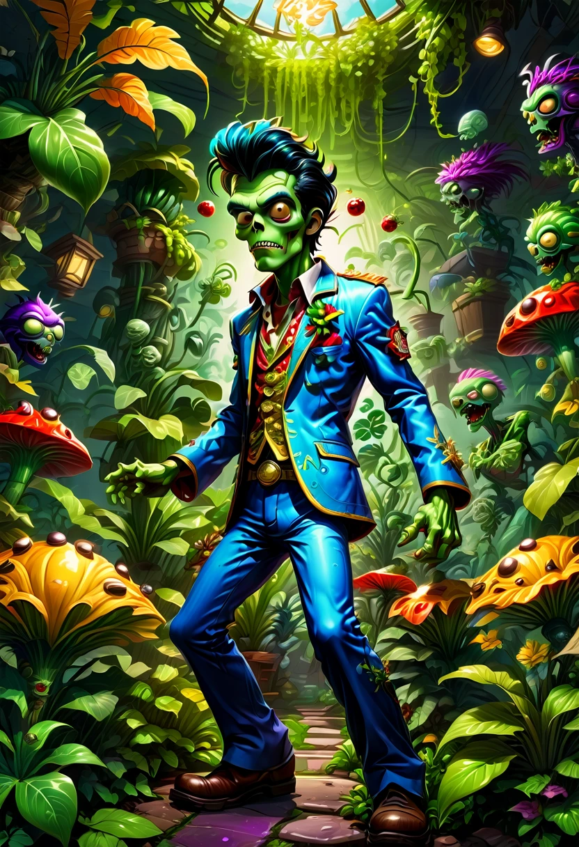 a dancing Zombie dressed like Elvis Presley, Surrounded by Plants, game "Plants vs. Zombies", full body, cinematic still, cinemascope, best quality, masterpiece, very aesthetic, perfect composition, intricate details, ultra-detailed, vivid colors