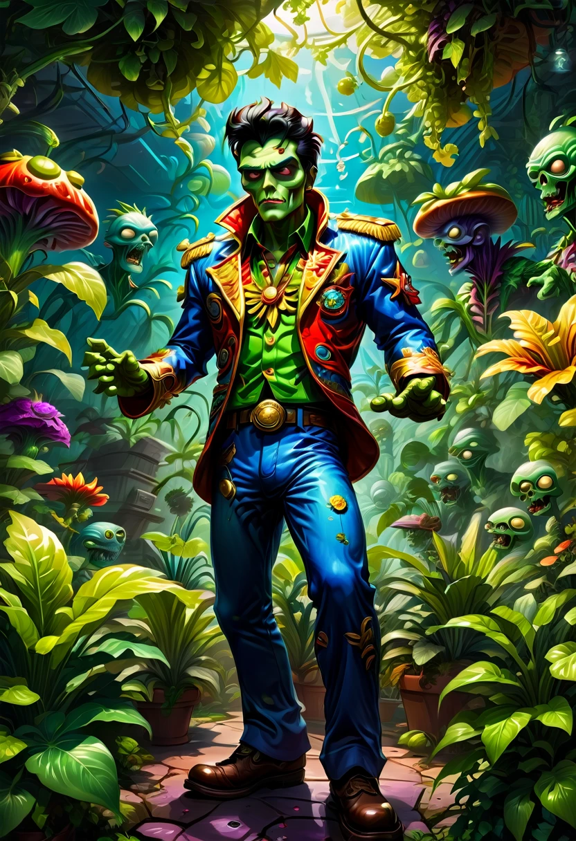 a Zombie dressed like Elvis Presley, hair, electric guitar, disco, game "Plants vs. Zombies", full body, cinematic still, cinemascope, best quality, masterpiece, very aesthetic, perfect composition, intricate details, ultra-detailed, vivid colors