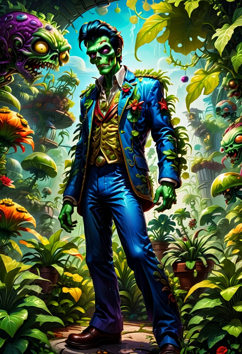 a dancing Zombie dressed like Elvis Presley, Surrounded by Plants, game "Plants vs. Zombies", full body, cinematic still, cinemascope, best quality, masterpiece, very aesthetic, perfect composition, intricate details, ultra-detailed, vivid colors