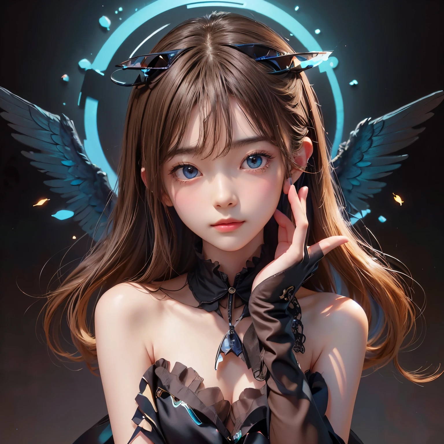 Polychrome,, night, dark, blonde, Show Viewer, In-person audience, Limited Edition Palette, Black background, Shine,(Highly detailed CG Unity 8k wallpaper),(masterpiece), (Highest quality), (Vaporwave Style), (Super detailed), (Best illustrations),(Best Shadow),Perfect lighting , Perfect  , Vibrant colors、fly with wings、