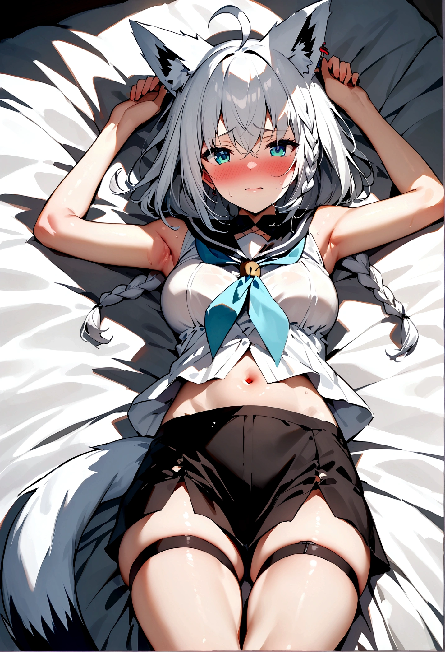 NSFW,masterpiece,Highest quality,High resolution,Super detailed,Snowstorm、Gray Hair、One-sided braid、Ahoge、Earrings、Fox Tail、fubuki_base、White blouse、Sleeveless、Black shorts、Blue neckerchief、Thigh straps、Single knee socks、White Hair、One side braided、Ahoge、Earrings、Fox&#39;s Tail,Embarrassed,Estrus,Lust,blush,Expecting face,Seduce,Girl&#39;s Room,bed,From above,Lying down,Lying on your back,Raise your arms,Spread your legs