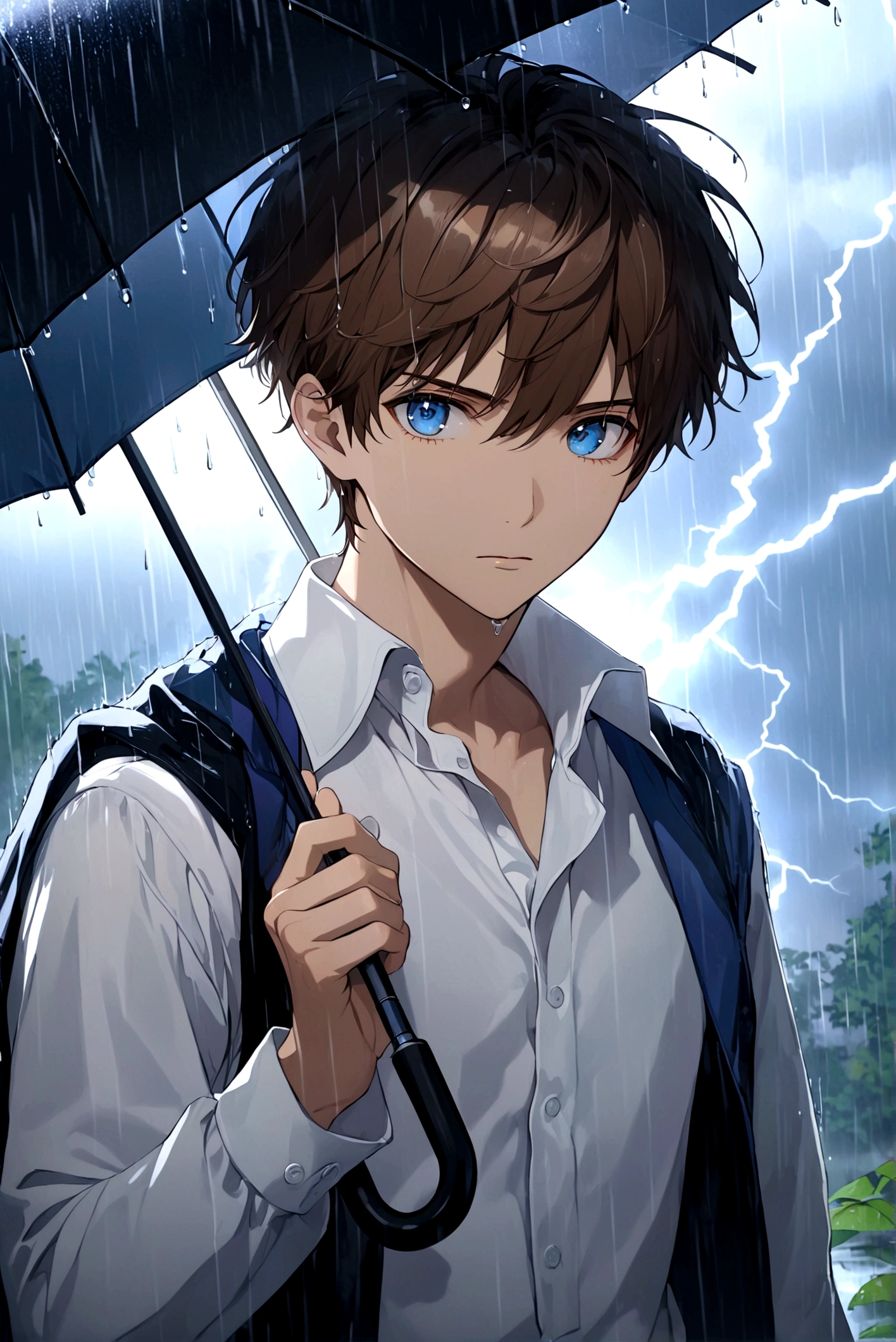 exquisite face,young man ,short brown hair,blue eyes ,White shirt, umbrella open, rain falling, lightning, looking straight ahead.
