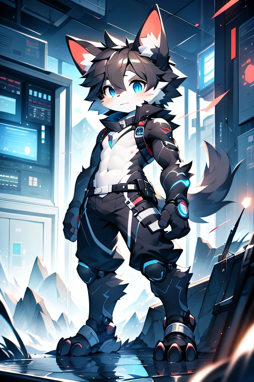 hairy Bernese mountain dog, Forelimb, leg, Standing Shota boy, Overall whitehead, arms, Body and legs，Blue-black pattern all over the body，pink flesh pads, Blue eyes and pupils, hairy, No clothes, Binaural Mechanical Nano Skin