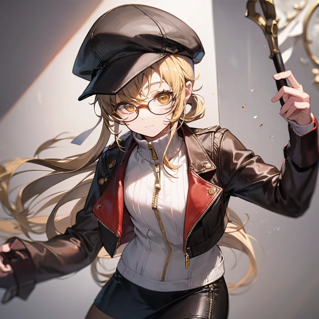 masterpiece, Concept Art, Centered, Close-up shot, Portraiture, Are standing, One girl, melania, Reverse 1999, Glasses, Long blonde hair, leather jacket, white sweater with zipper, Black Skirt, Red leggings, Flat Cap, Background of the museum