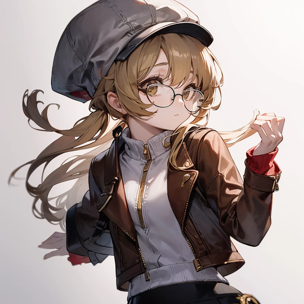 masterpiece, Concept Art, Centered, Close-up shot, Portraiture, Are standing, One girl, melania, Reverse 1999, Glasses, Long blonde hair, leather jacket, white sweater with zipper, Black Skirt, Red leggings, Flat Cap, Background of the museum