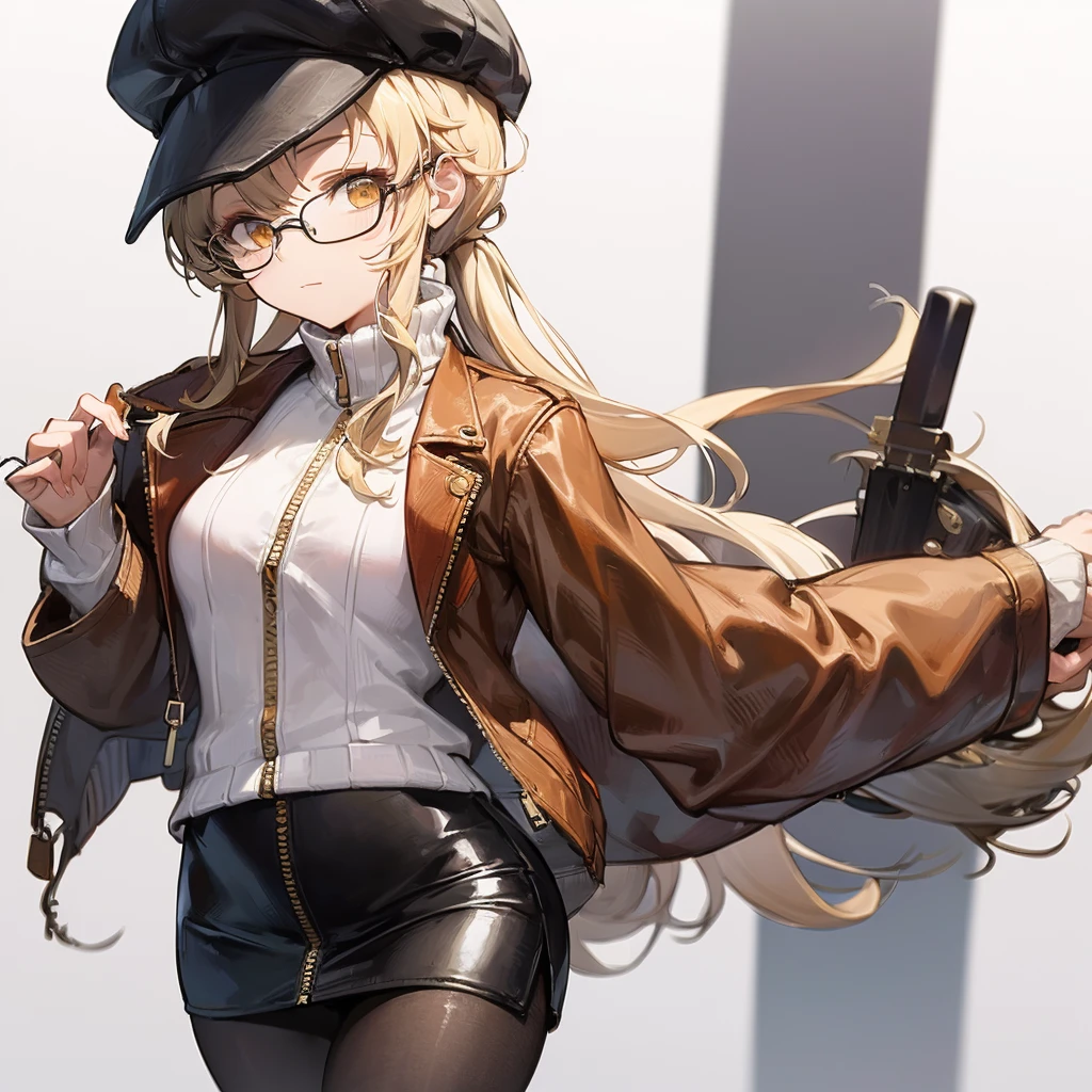 masterpiece, Concept Art, Centered, Close-up shot, Portraiture, Are standing, One girl, melania, Reverse 1999, Glasses, Long blonde hair, leather jacket, white sweater with zipper, Black Skirt, Red leggings, Flat Cap, Background of the museum