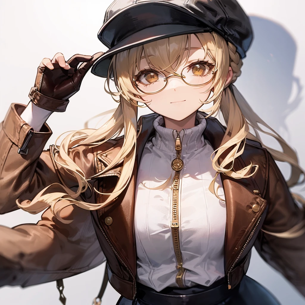 masterpiece, Concept Art, Centered, Close-up shot, Portraiture, Are standing, One girl, melania, Reverse 1999, Glasses, Long blonde hair, leather jacket, white sweater with zipper, Black Skirt, Red leggings, Flat Cap, Background of the museum