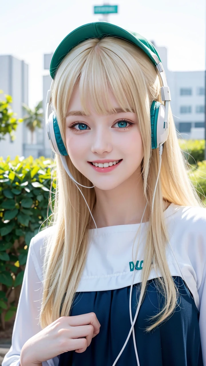 Pale blonde teenage girl soft silky hair with bangs blue-green eyes white blouse with headphones and a black cap looking at the camera smiling holding a donuts