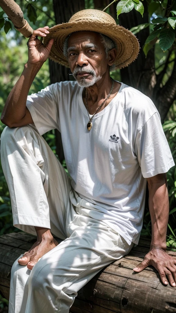An old black man who was once a slave wearing a straw hat, in white t-shirt and white pants sitting on a tree trunk, with pipe in his boa and a cane in his hand