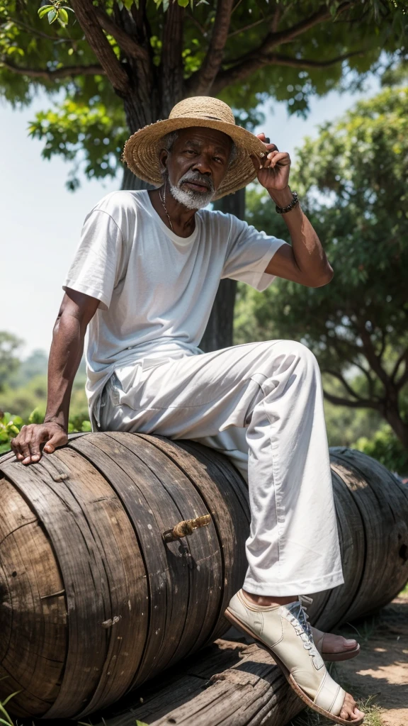 An old black man who was once a slave wearing a straw hat,  in white t-shirt and white pants sitting on a tree trunk, with pipe in his boa and a cane in his hand 