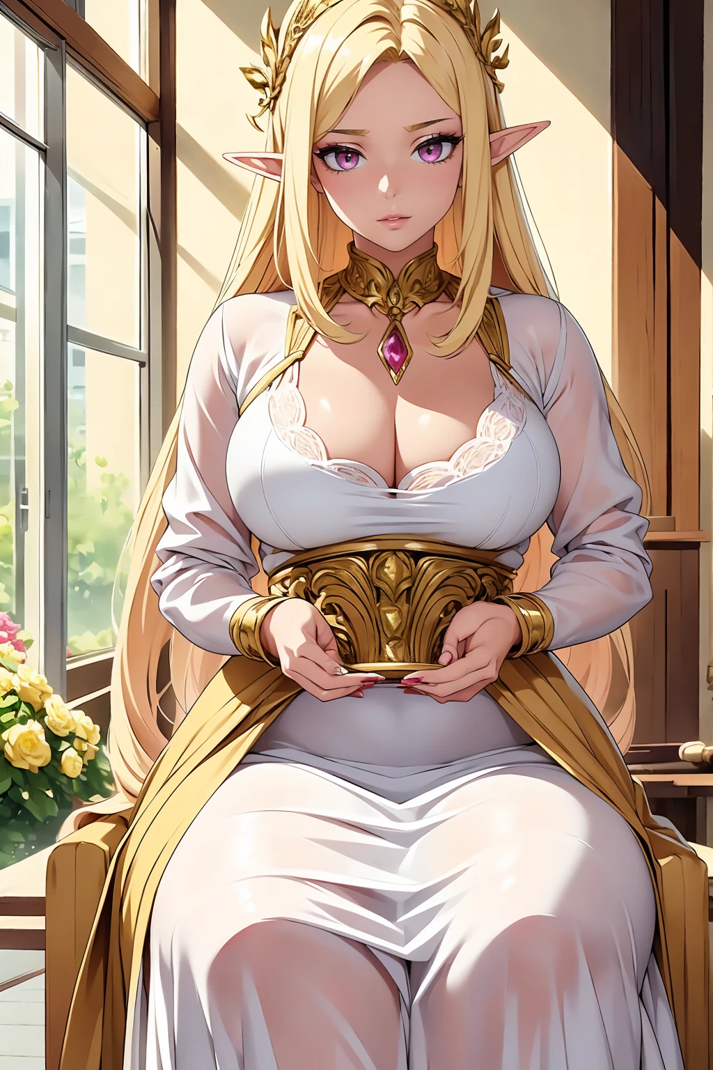A beautiful woman in anime style, with golden blond hair , is depicted in this masterpiece of top-quality art. The styling of her outfit and the composition of the image are meticulously planned, showcasing intricate hyperdetalization. Somptuous elf queen looking at you, elegant body, mature woman, The woman's exquisite facial features are accentuated by her expressive, beautiful pink eyes, framed by long, elegant lashes. Her hair is artistically rendered, each strand carefully crafted to mimic the natural bounciness of yellow curls. The background is thoughtfully designed, adding depth and dimension to the image. The intricate details in her outfit, from the intricate patterns