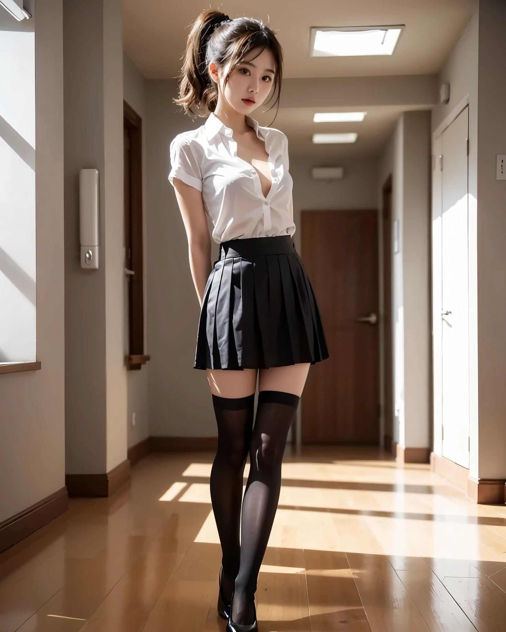 Beautiful Japanese Waifu, early 30s, brunette hair, white open shirt, black mini skirt, black stockings, in hallway