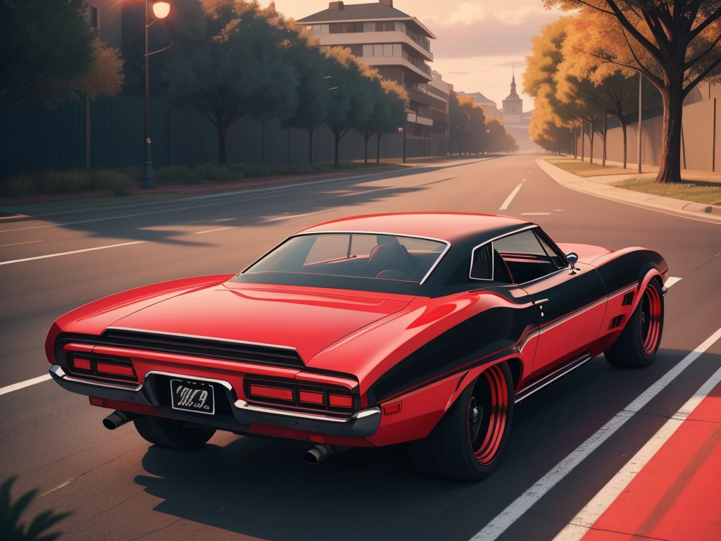 A beautiful girl and a black 1969 Dogde car with red stripes on the hood, trending in the artstation, trend at CGSociety, intrikate, high détail, sharp focus, Dramatic and Photorealistic.