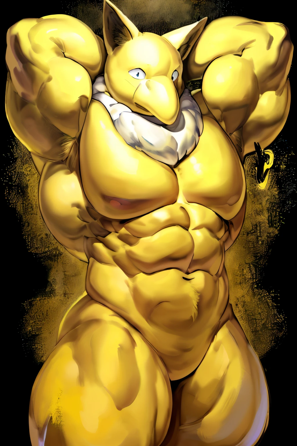 Furry, Anthro, Hypno, Male, (((muscular body, massive thighs, massive male pectorals, fluffy neck))), ((((massive biceps, wide-eyed, confused, looking at viewer, arms behind head)))), ((((((massive bulky torso)))))), naked, black/yellow spraypainted background, by buta99, by meesh, (((digital painting)))