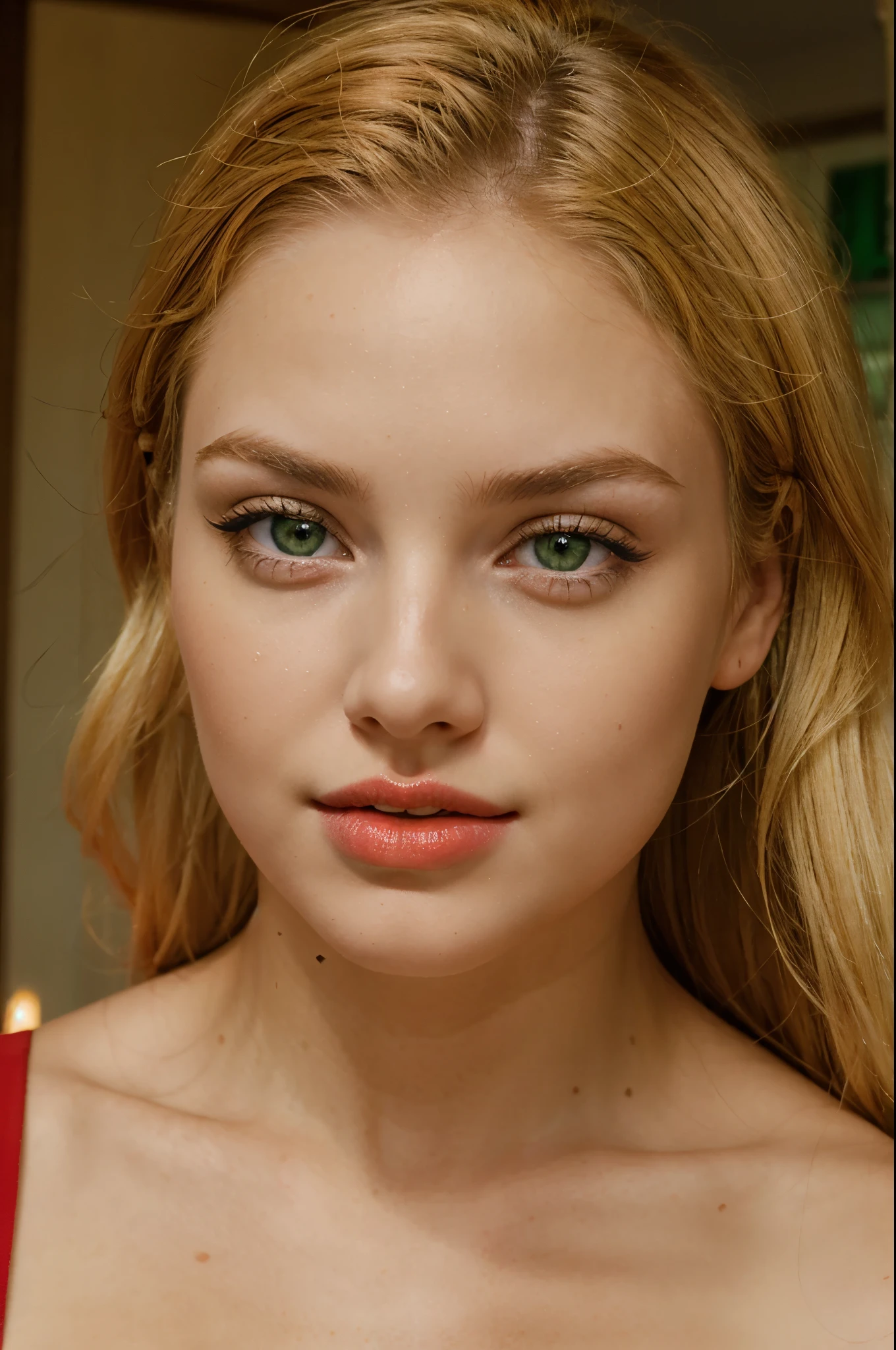 Blonde girl, beautiful face, huge fiery red lips, green eyes