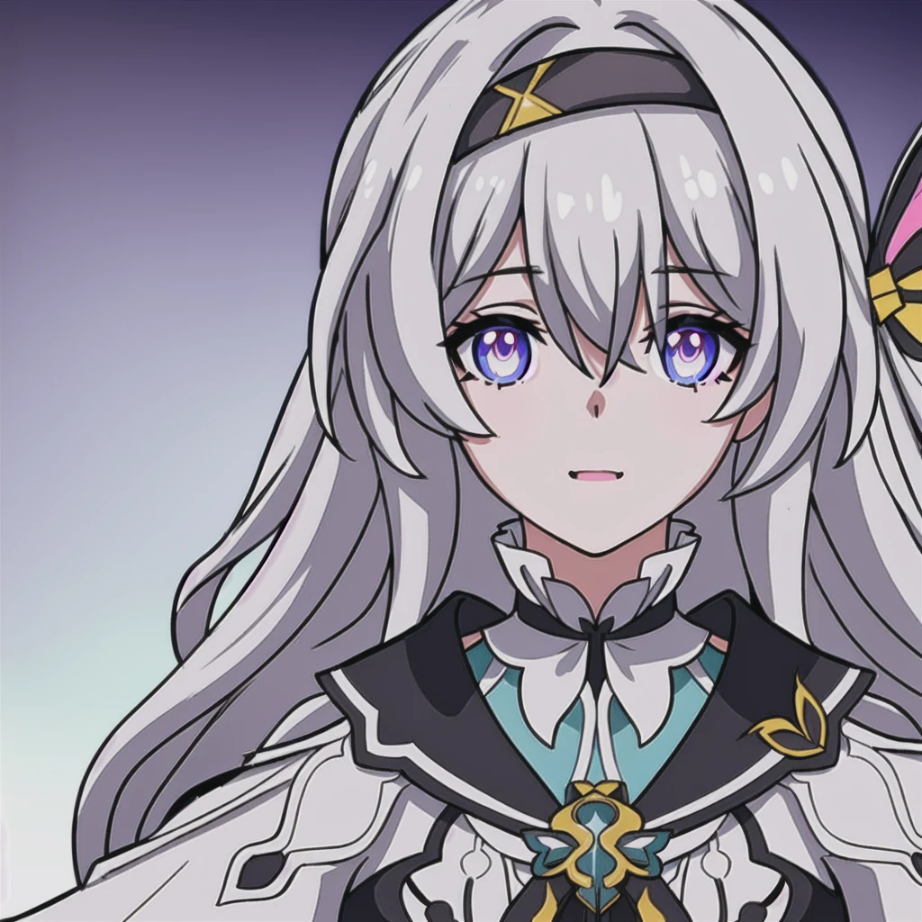 anime girl, happy expression, grey hair, firefly, star rail, honkai star rail, dark brown clothes, blue pink eyes, 1girl, masterpiece, (beautiful and aesthetic:1. 5), thick black lineart, clean lineart, perfect lineart, variable lineart, thick lineart, clean anime outlines, intense line art, bold lineart, sharp lineart, heavy lineart, line art, best quality, high quality, high details, super detail, best quality, ultra-detailed, colourful, saturated colours, dynamic lighting, HD,