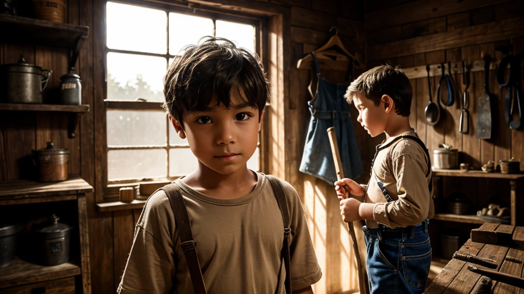 A young poor boy stands in a dimly lit, rustic room with wooden and brick walls. They have a serious expression and are wearing a loose beige shirt with suspenders. Moonlight streams through a dusty window, illuminating their face. In the background, there are tools, a workbench, a ladder, and other workshop items, night time, dark theme