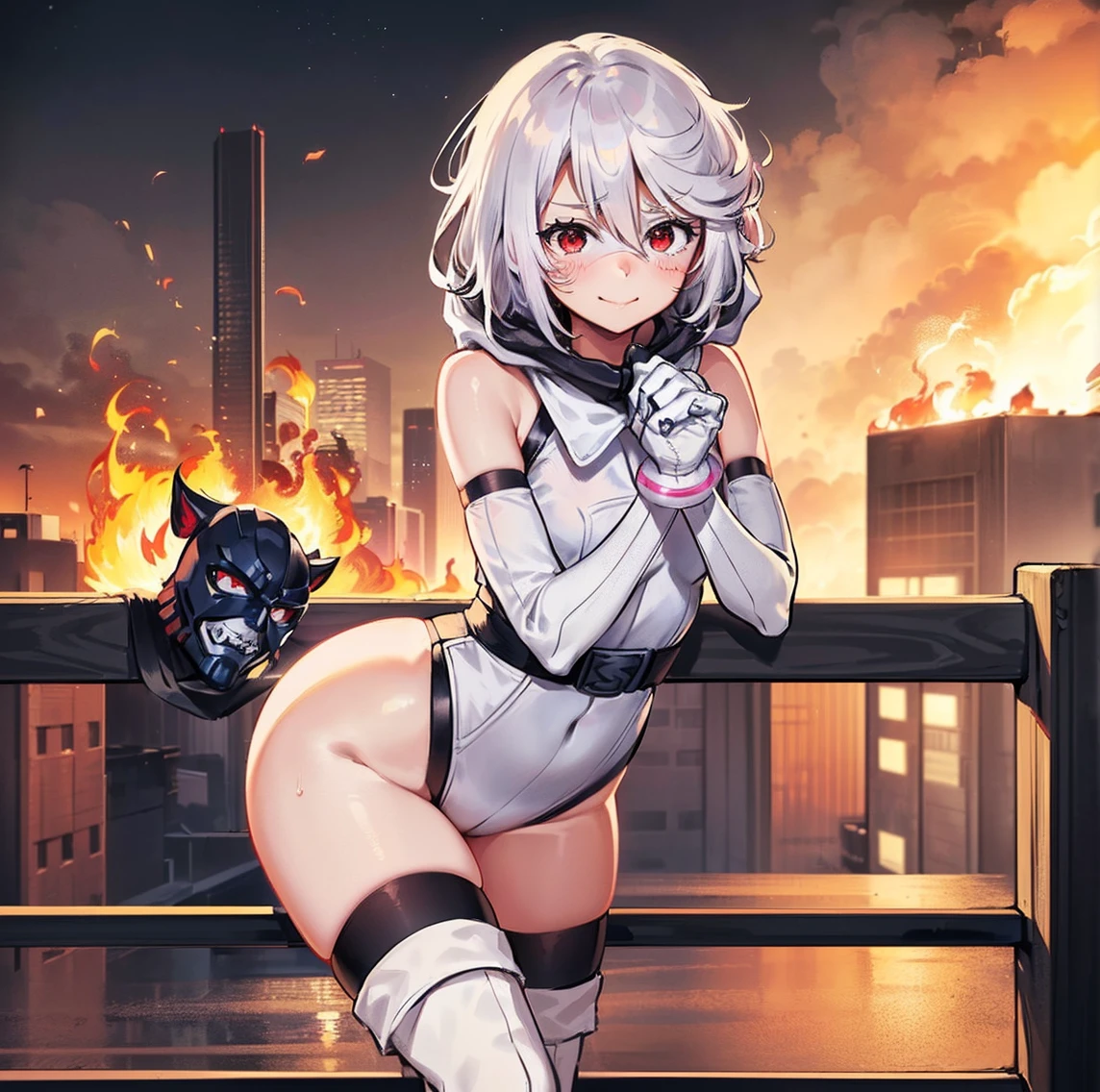 ((1girl)), ((alone)), momijiyama teru, ((extremely detailed CG unity 4k wallpaper)), (masterpiece), (ultra quality), (ultra detailed), (best illustration), (best shadow), (extremely detailed), looking at viewer, (absurdities), (detailed background), curvy body, dynamic pose, cowboy photo, small breasts, medium waist, wide hips, wide thighs, round butt, (( shy , gloves, elbow long gloves, thigh-high stockings, white gloves, leotard, short hair, white hair, boots, red eyes, white leotard, bare shoulders, hair between eyes, high heels, (mask:1.4), belt, scarf, hood, nervous, scared, fire wrapped in fists, legs wrapped in fire, storm background, white mask, (clenched hands: 1), angry)), seductive, standing, cowboy photo, backlight, ((solo )), ((standing: 1.4, outdoor, rooftop, railing, cityscape, city, night, moon, city lights, (nervous and sexy smile, closed mouth, jujitsu pose: 1.4), looking forward, ((focus on hips), point of view: (from middle), perfect anatomy, perfect hands