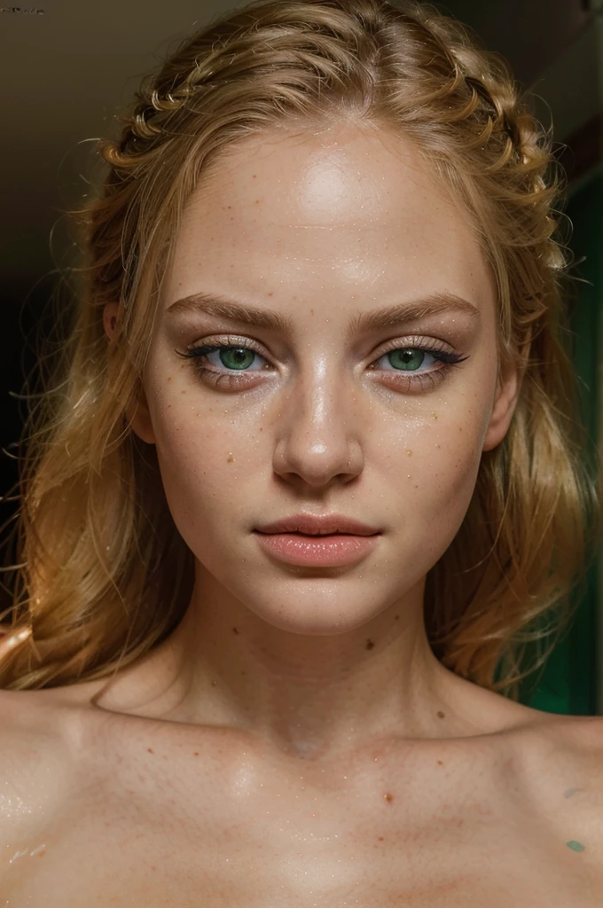 a beautiful blond girl, extremely detailed eyes and face, gorgeous green eyes, huge fiery red lips, detailed facial features, realistic portrait, realistic skin texture, intricate detail, (best quality,4k,8k,highres,masterpiece:1.2),ultra-detailed,(realistic,photorealistic,photo-realistic:1.37),high definition, vibrant colors, dramatic lighting, cinematic lighting, cinematic composition