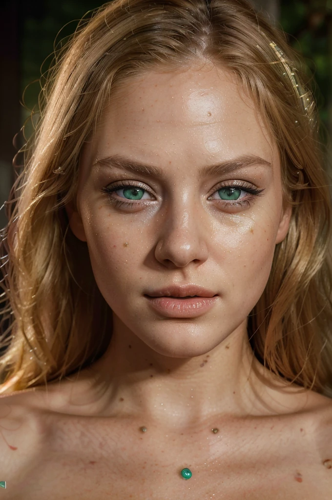 a beautiful blond girl, extremely detailed eyes and face, gorgeous green eyes, huge fiery red lips, detailed facial features, realistic portrait, realistic skin texture, intricate detail, (best quality,4k,8k,highres,masterpiece:1.2),ultra-detailed,(realistic,photorealistic,photo-realistic:1.37),high definition, vibrant colors, dramatic lighting, cinematic lighting, cinematic composition