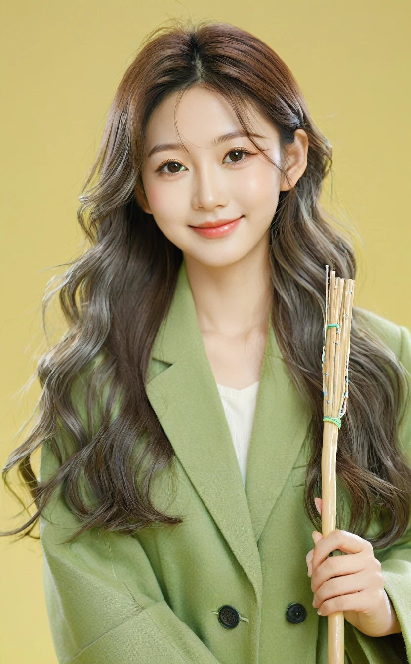 Realistic,Japanese young idol one girl portrait,Upper Body,Silvery, loosely wavy long hair,indoor,Holding a stick used by school teachers,Simple yellow-green background,smile,Tilting face,Wearing a green long coat,Popular Korean makeup,photoRealistic,