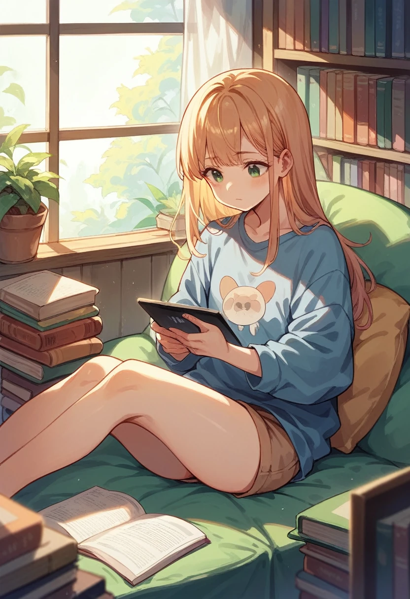 A person sitting comfortably with a tablet, engrossed in reading a colorful manga. The background shows a cozy living room with bookshelves filled with manga volumes.