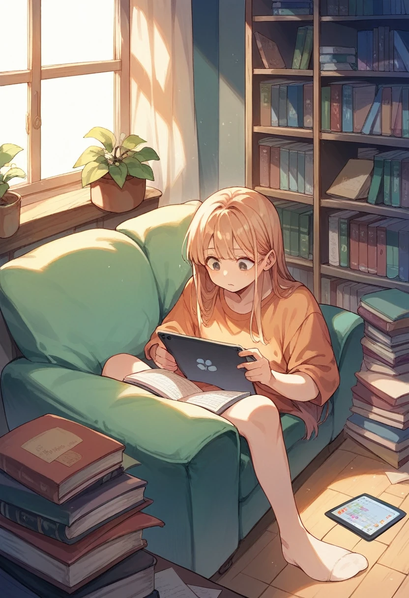 A person sitting comfortably with a tablet, engrossed in reading a colorful manga. The background shows a cozy living room with bookshelves filled with manga volumes.