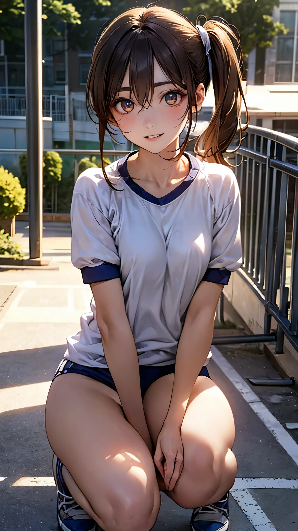 (masterpiece:1.2, top-quality), (realistic, photorealistic:1.4), beautiful illustration, (natural side lighting, movie lighting), nsfw,
looking at viewer, 1 girl, japanese, high school girl, perfect face, cute and symmetrical face, shiny skin,
(middle hair:1.5, side ponytail:1.2, light brown hair), hair between eyes, gold eyes, big eyes, long eye lasher, (medium breasts, seductive thighs), slender,
beautiful detailed hair, beautiful detailed face, beautiful detailed eyes, beautiful clavicle, beautiful body, beautiful chest, beautiful thigh, beautiful legs, beautiful fingers,
(gym uniform, blue buruma),
(beautiful scenery), evening, (school grounds), squatting, (lovely smile, upper eyes, parted lips),