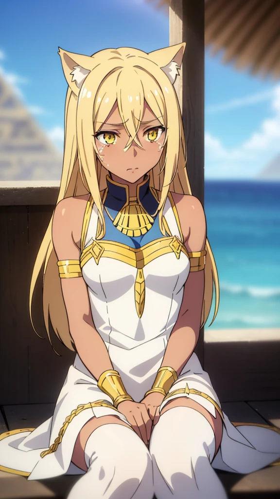 (1girl ,solo,20s,mature female),blonde hair,long hair,cat ears,yellow eyes,(((dark skin))),(Egypt, blue sky, sun),white egypt oufit,bare shoulders,looking at view,sad,crying,sitting