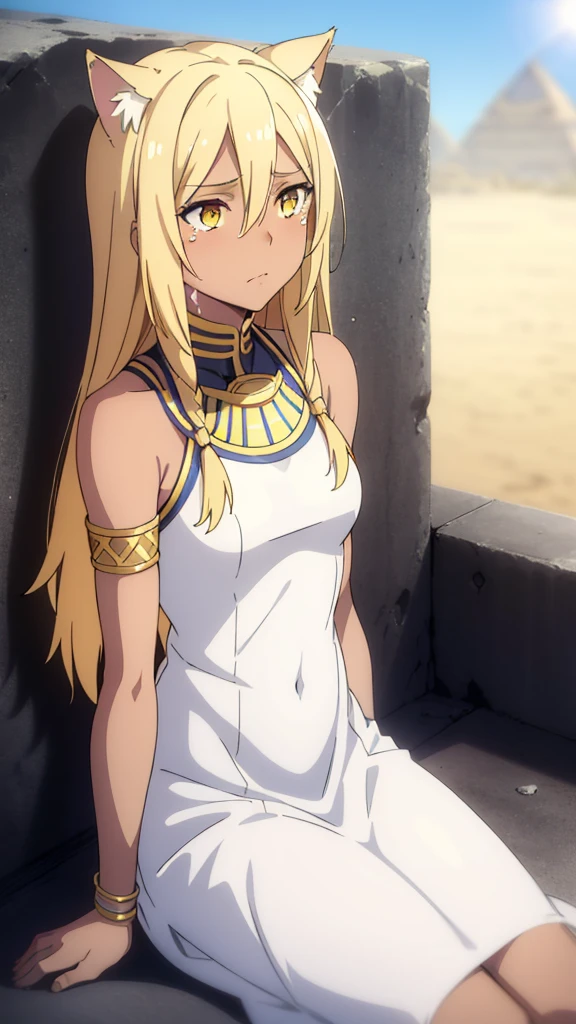 (1girl ,solo,20s,mature female),blonde hair,long hair,cat ears,yellow eyes,(((dark skin))),(Egypt, blue sky, sun),white egypt oufit,bare shoulders,looking at view,sad,crying,sitting