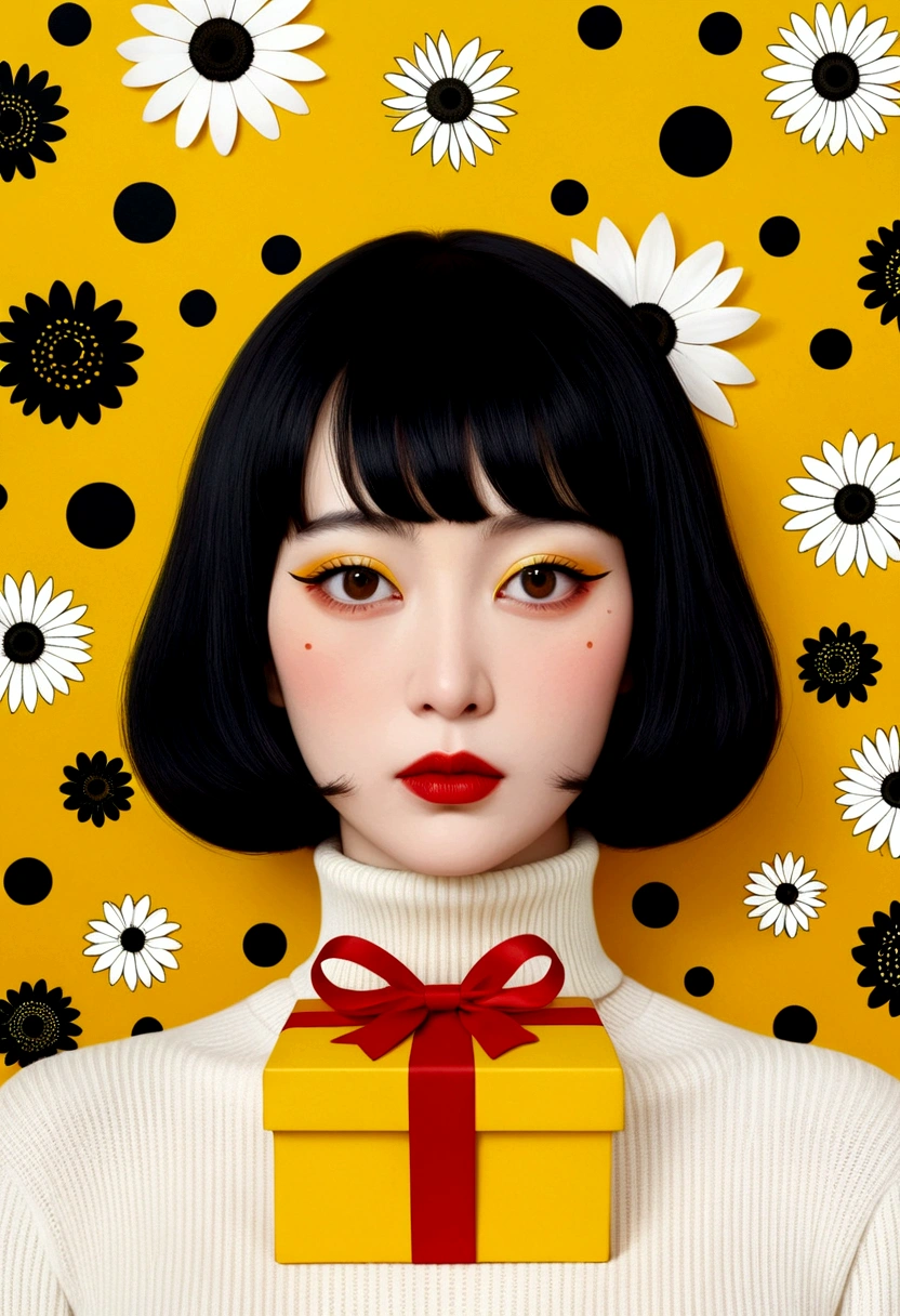 Poster design for a magazine with the face of a huge yellow colored gift box, flowers, ribbons, white turtleneck sweater, fantasy, minimalism, fantasy, Hayv Kahraman style, beautiful paintings of Yayoi Kusama, works of Andrey Remnev, modern art, fantasy realism, surrealism, ethereal, Decopunk, close-ups of  (MCU),