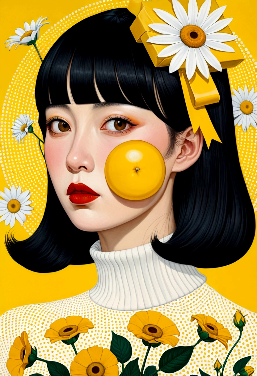 Poster design for a magazine with the face of a huge yellow colored gift box, flowers, ribbons, white turtleneck sweater, fantasy, minimalism, fantasy, Hayv Kahraman style, beautiful paintings of Yayoi Kusama, works of Andrey Remnev, modern art, fantasy realism, surrealism, ethereal, Decopunk, close-ups of  (MCU),