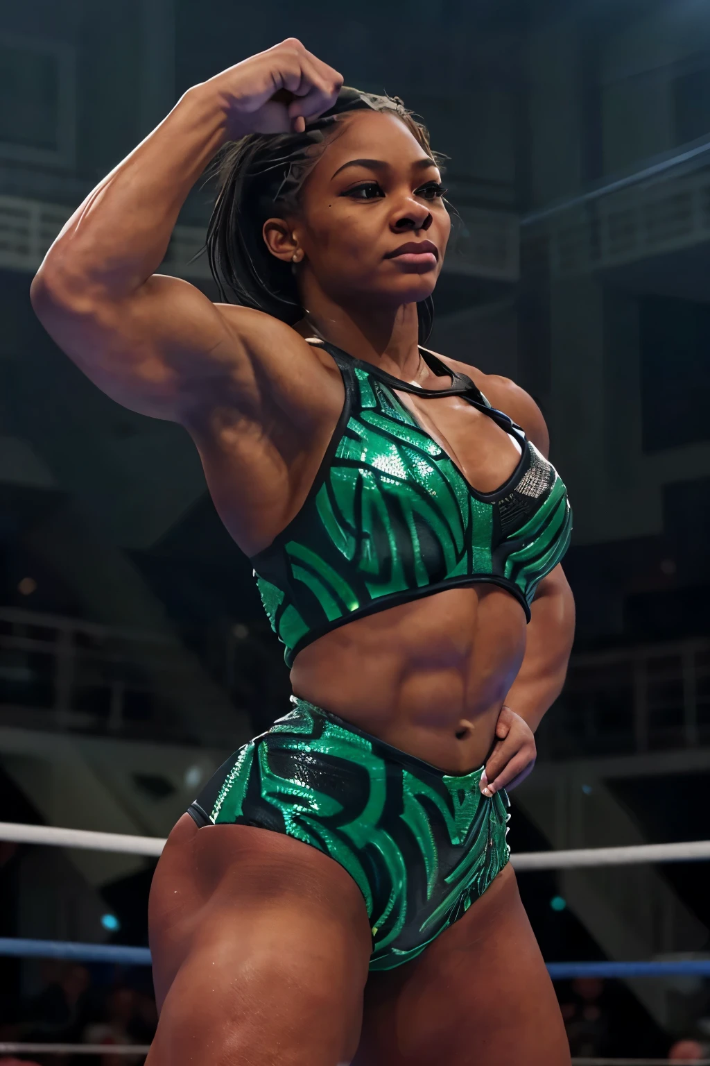 (African American female wrestler,ultra-detailed,hyper realistic,hyper detailed, extremely detailed,lifelike,photorealistic:1.4),muscular female body,powerful physique,rippling muscles,intense expression,fierce gaze,intricate facial features,long eyelashes,full lips,natural hair, athletic pose,wrestling outfit,dramatic lighting,cinematic composition,vibrant colors,gritty texture,dramatic shadows,moody atmosphere