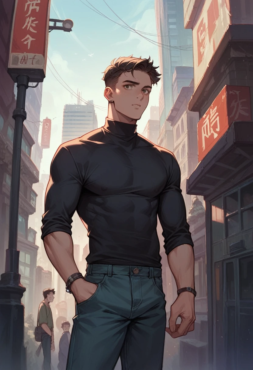8k realistic, draw a guy with style, with black turtleneck, at night on top of buildings in an illuminated city, It's raining a lot in the city, there is a large sign on a building that reflects red light at it. he is sitting looking at the city from the coast and is at the tip of the building on the top floor. There are a lot of red lights in the city