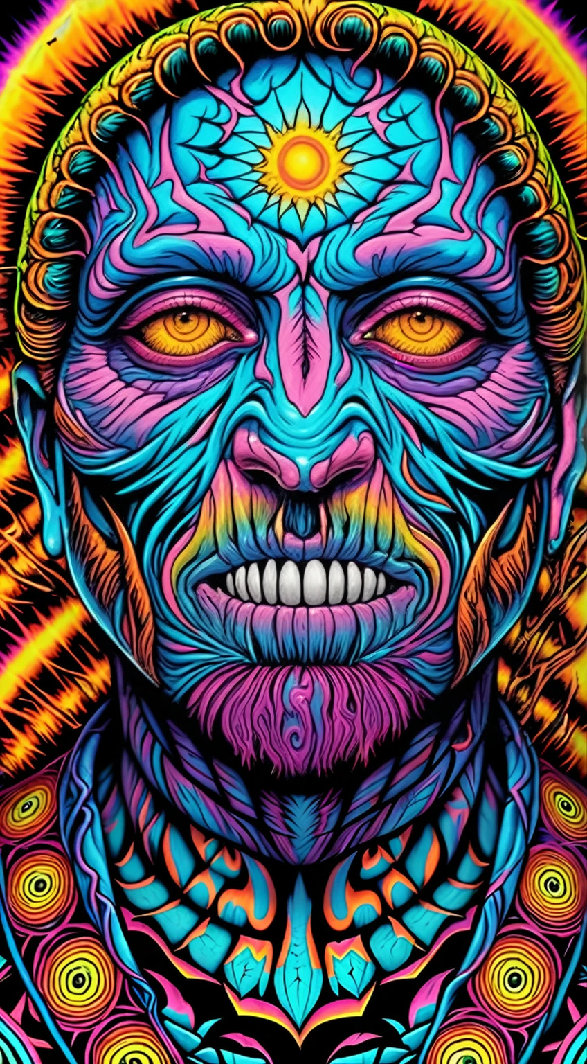 um close de um pôster psicodélico de um homem com rosto, estilo dan mumford e alex grey, arte de psytrance, android jones and Chris Dyer, arte xamânica de terror dmt, Chris Dyer, style Alex Gray, arte dmt, Alex Gray, dmt ego da morte, estilo de arte psicodélica, terror cósmico psicodélico, arte xamânica de terror lsd, arte digital psicodélica