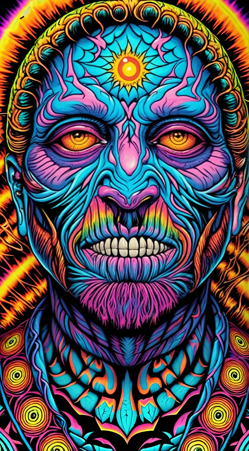 um close de um pôster psicodélico de um homem com rosto, estilo dan mumford e alex grey, arte de psytrance, android jones and Chris Dyer, arte xamânica de terror dmt, Chris Dyer, style Alex Gray, arte dmt, Alex Gray, dmt ego da morte, estilo de arte psicodélica, terror cósmico psicodélico, arte xamânica de terror lsd, arte digital psicodélica