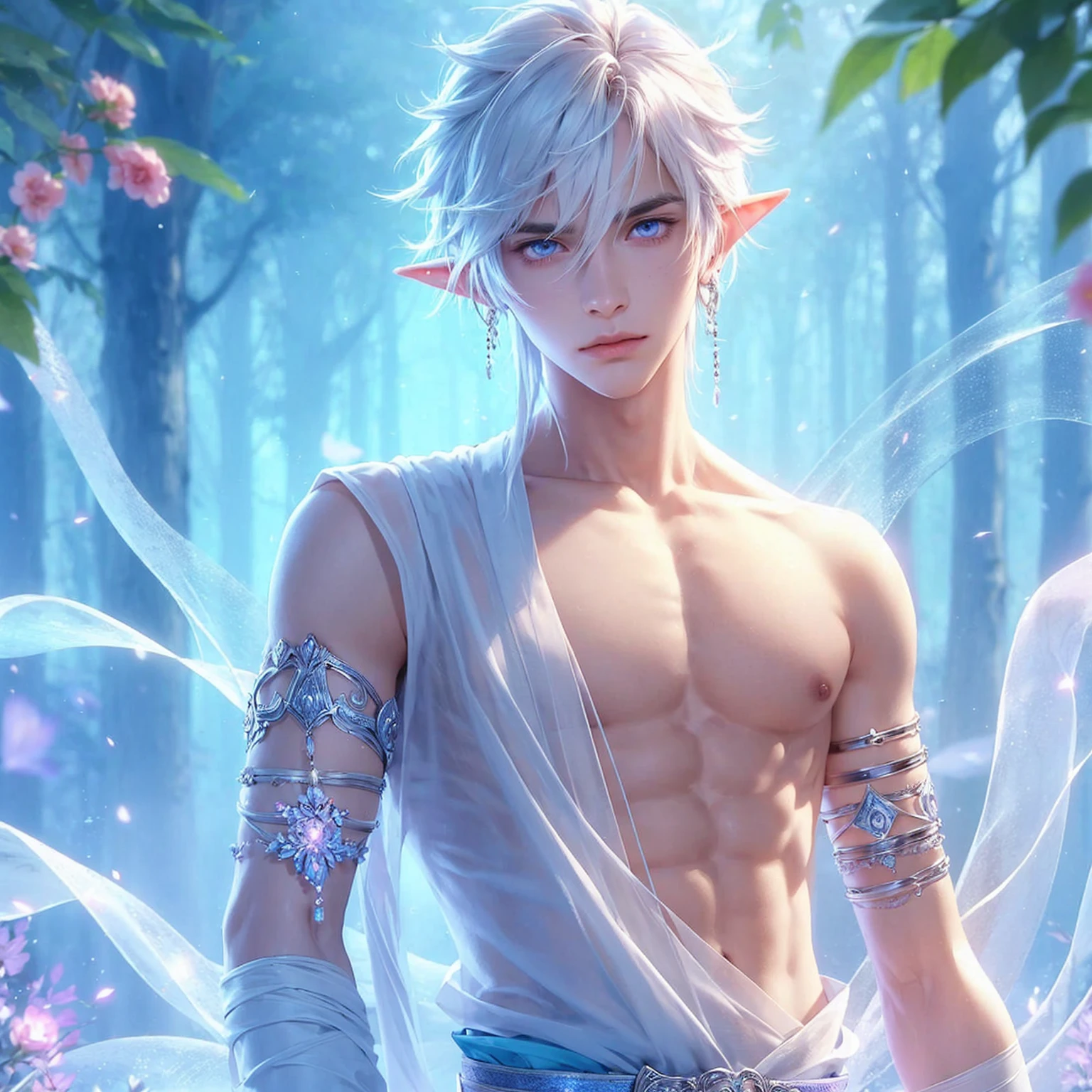 Handsome boy, white hair, white eyes, wearing white indian loin-cloth, elf ear, "surrounded by light blue, pink, and purple light, magic forest background