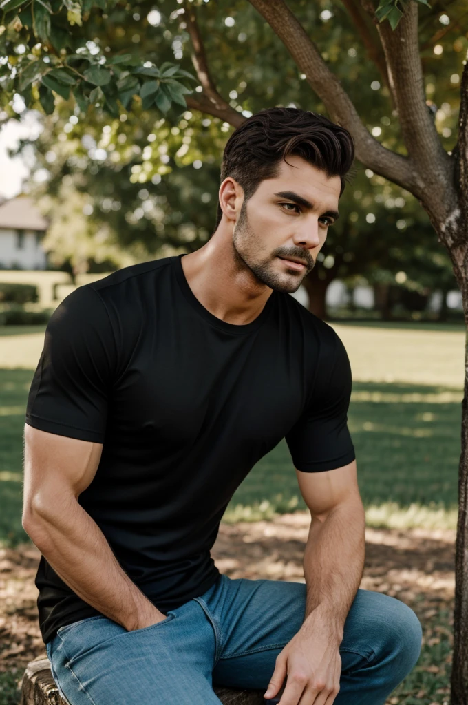 Handsome man black t shirt under the tree