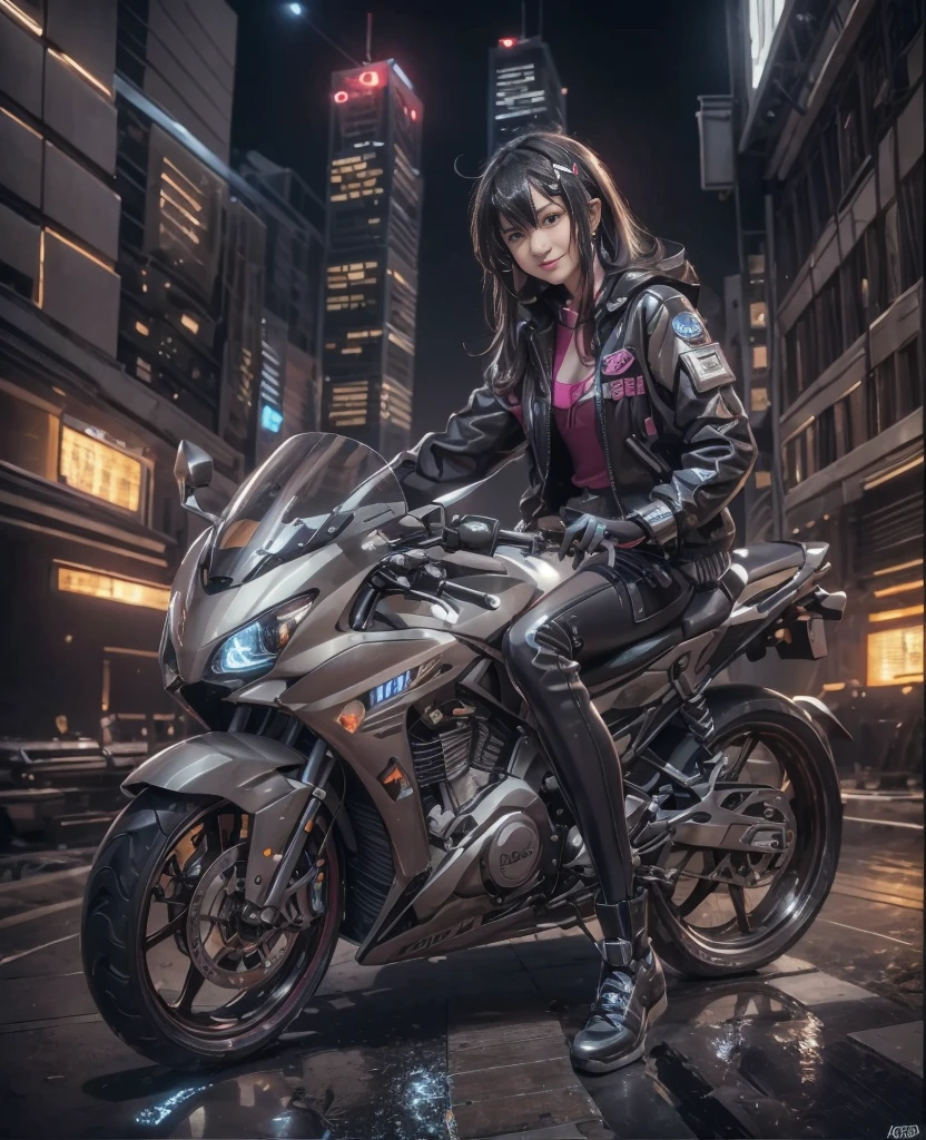 Highest image quality, outstanding details, Ultra high resolution, (Realism: 1.4), best illustration, I prefer details, very tight 1 girl, with a gentle and beautiful face, dressed in black and fuchsia fur, in a mechanical helmet, holding a direction controller, riding a motorcycle, background - high-tech light scene of the city of the future.