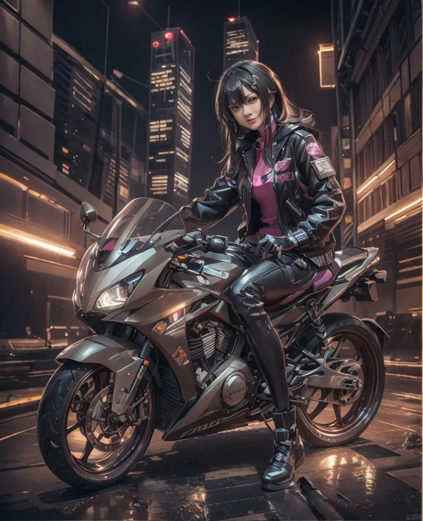 Highest image quality, outstanding details, Ultra high resolution, (Realism: 1.4), best illustration, I prefer details, very tight 1 girl, with a gentle and beautiful face, dressed in black and fuchsia fur, in a mechanical helmet, holding a direction controller, riding a motorcycle, background - high-tech light scene of the city of the future.