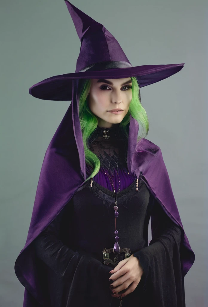 A pale green skin beautiful female witch woman half goblin half human half upper body dark purple clothes