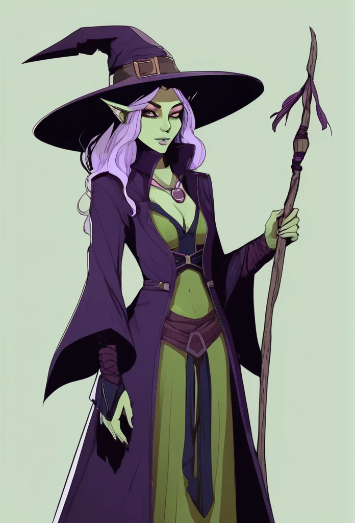 A pale green skin beautiful female witch woman half goblin half human half upper body dark purple clothes